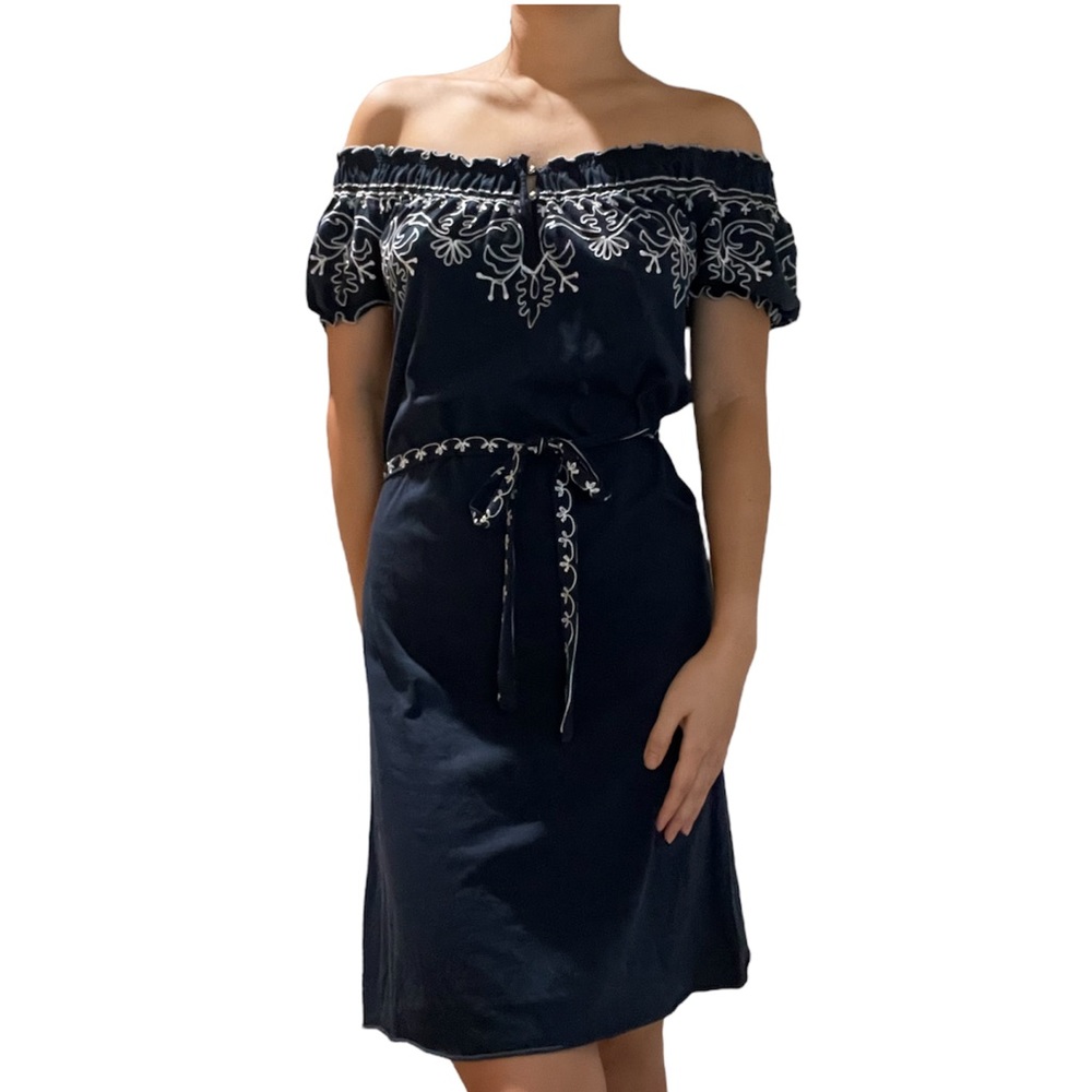 Navy with white detailing off the shoulder dress